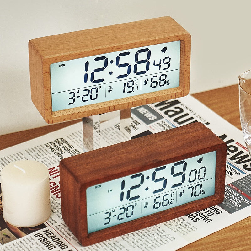 VULCA Wooden Table Clock LED Digital Alarm Clock Wooden Temperature + Date