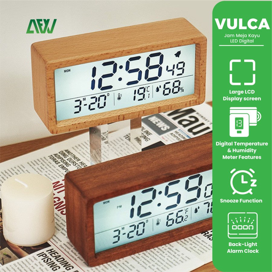 VULCA Wooden Table Clock LED Digital Alarm Clock Wooden Temperature + Date