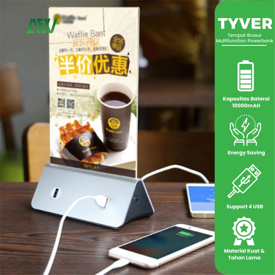 TYVER Tempat Brosur Multifunction Powerbank LED Acrylic Menu Holder