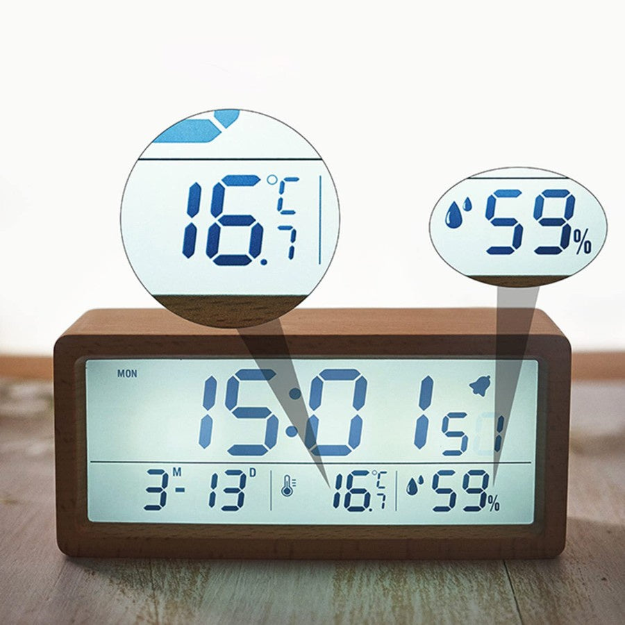 VULCA Wooden Table Clock LED Digital Alarm Clock Wooden Temperature + Date