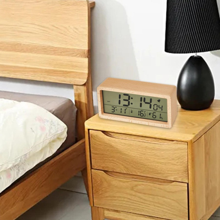 VULCA Wooden Table Clock LED Digital Alarm Clock Wooden Temperature + Date