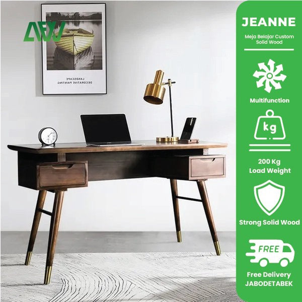 JEANNE Meja Belajar Custom Solid Wood Retro Minimalis Vintage Office