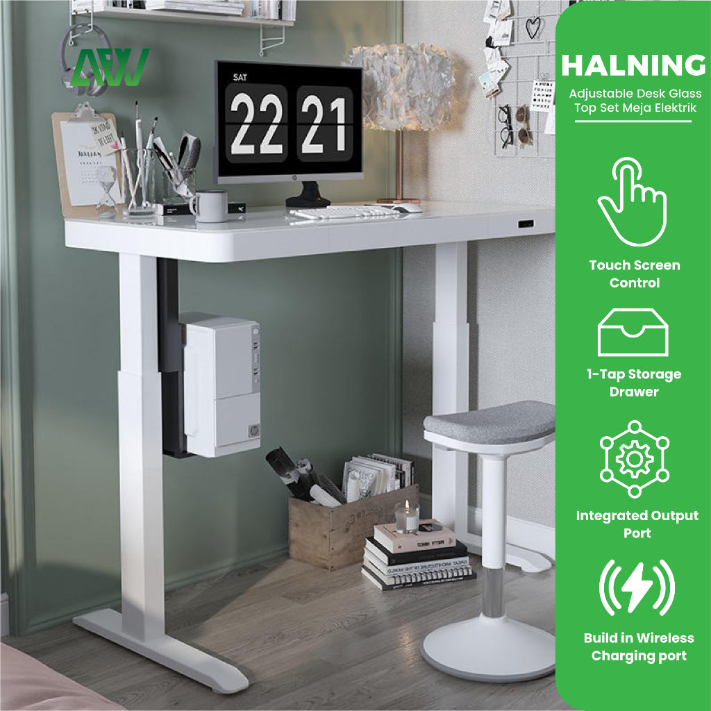 HALNING Standing Desk Adjustable Desk Glass Top Electric Desk Set