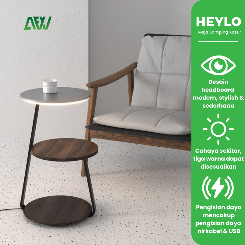 HEYLO Meja Samping Kasur Smart Bedside Table Lamp Wireless Charging