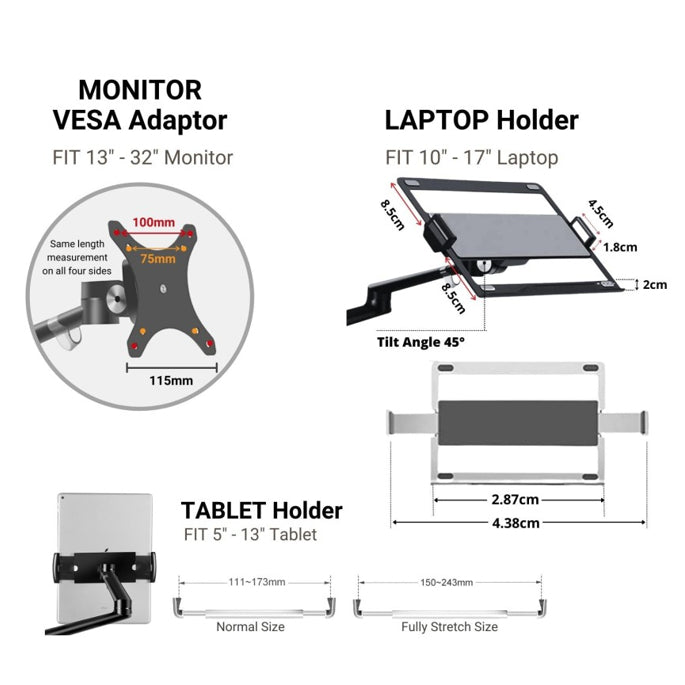 VALE LED TV Monitor Bracket Desk Mount Laptop Stand Bracket 3in1 Tablet Mount