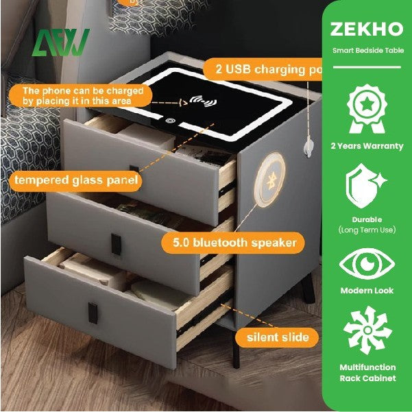 ZEKHO Meja Nakas Smart Bedside Table Lemari Laci Bluetooth Speaker