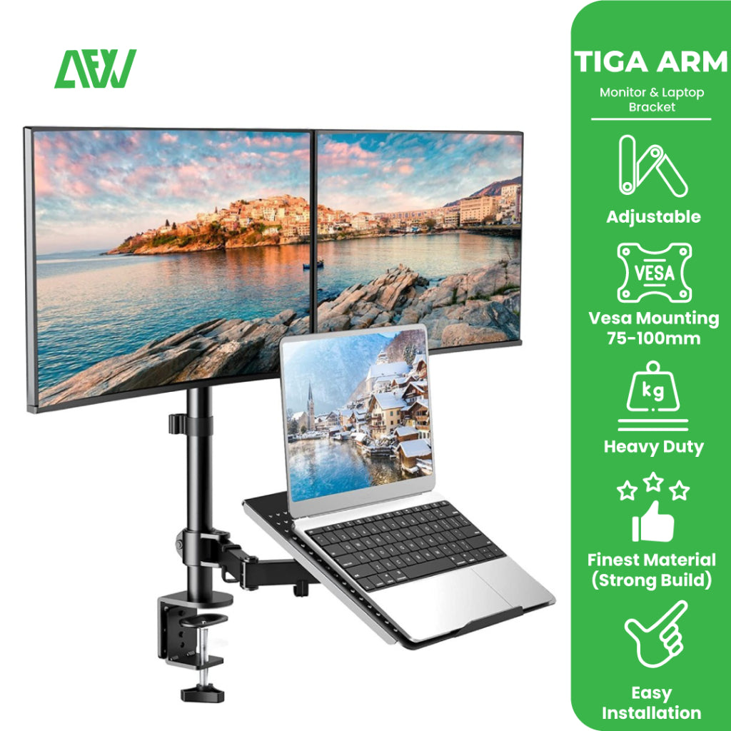 Bracket Monitor dan Stand Laptop Tiga Arm