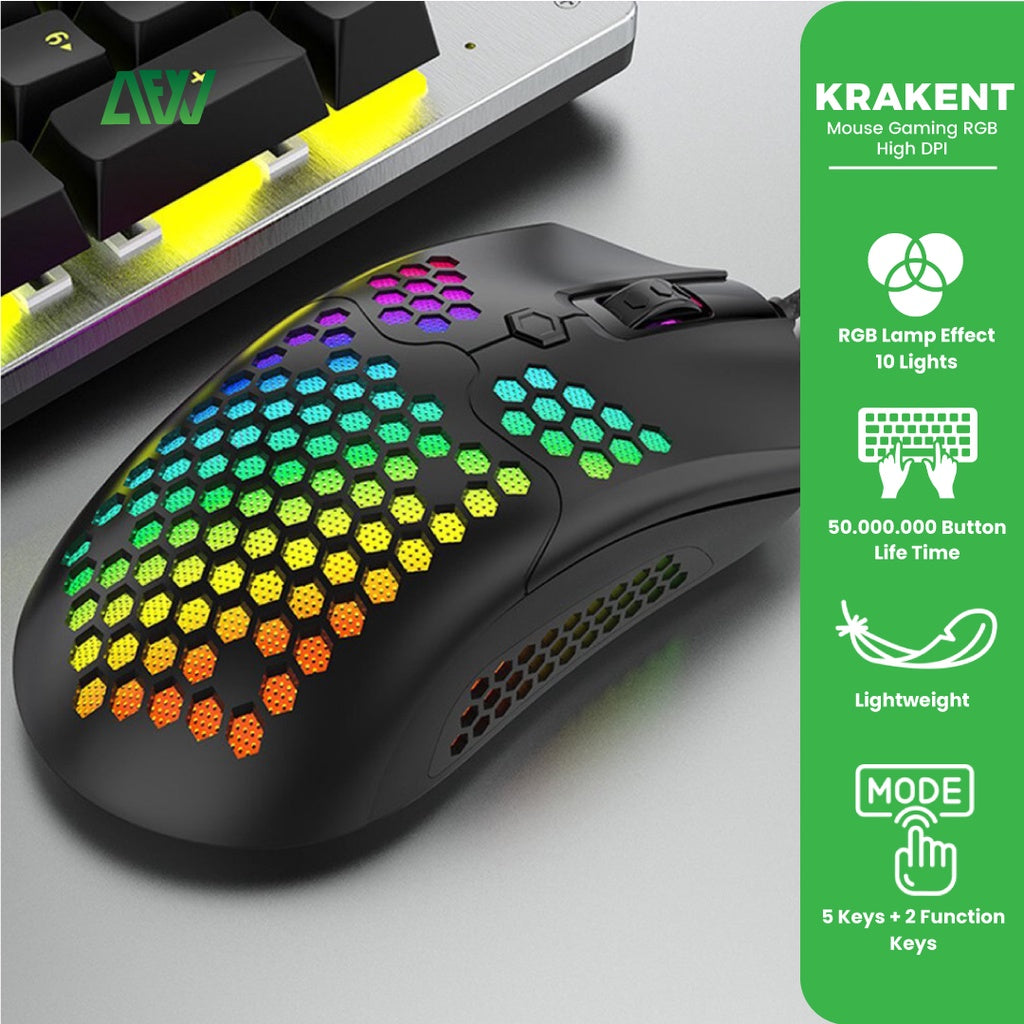 KRAKENT Gaming Mouse RGB Wired Honeycomb Lightweight High DPI